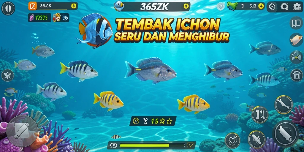 Screenshot gameplay 365ZK yang menunjukkan aksi menembak ikan.
