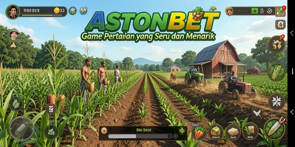 Screenshot utama ASTONBET menampilkan aktivitas pertanian yang seru.