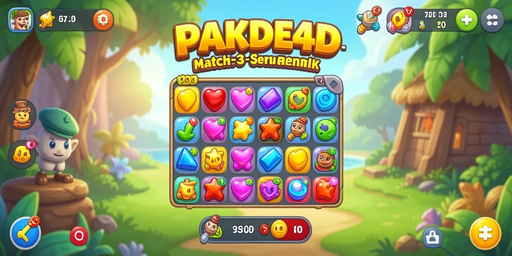 Tampilan gameplay seru game Match-3 PAKDE4D dengan permata berwarna.