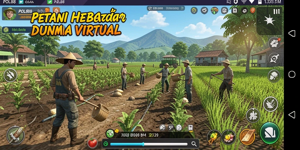 Screenshot menunjukkan gameplay bertani yang seru dan interaktif.