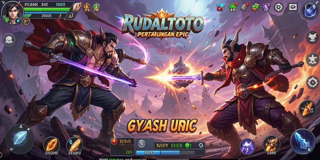 Screenshot RUDALTOTO menampilkan aksi pertarungan seru dengan karakter unik.