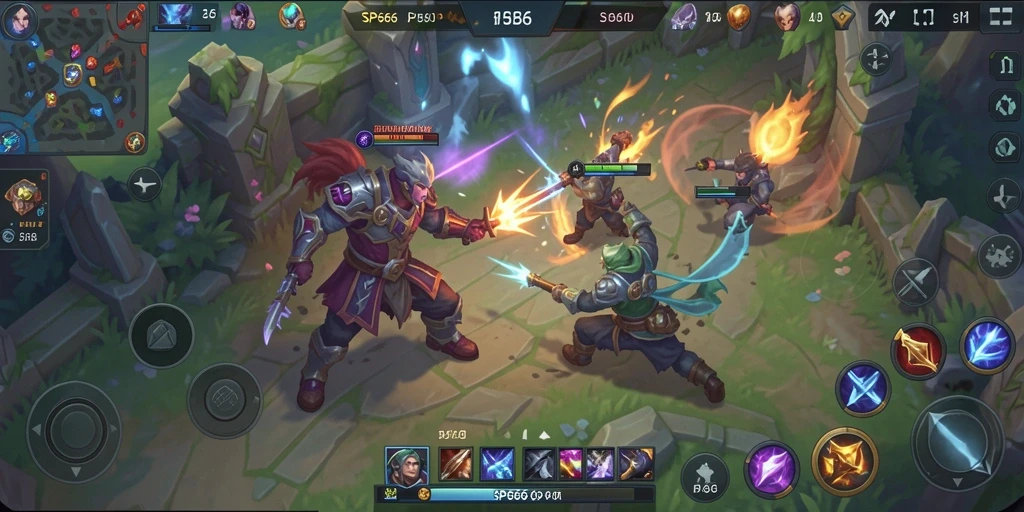 Screenshot gameplay SP666 yang mendebarkan dalam pertandingan MOBA.