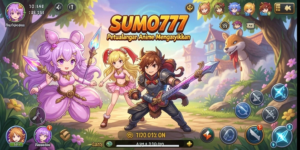 Tangkapan layar SUMO777 menampilkan karakter anime dalam pertarungan seru.